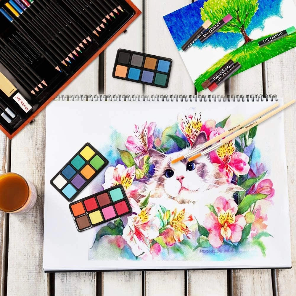 Valigetta Legno Pittore 78pz Colori Pittura Pastelli Acquerelli Professionale