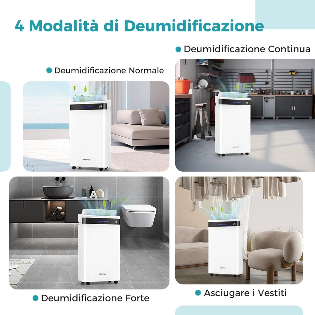 28,5L Deumidificatore per Casa, Deumidificatore Silenzioso 35㎡ con 4 Modalità Indicatore a 3 Colori Timer 24H e Ruote, Scarico Automatico o Manuale