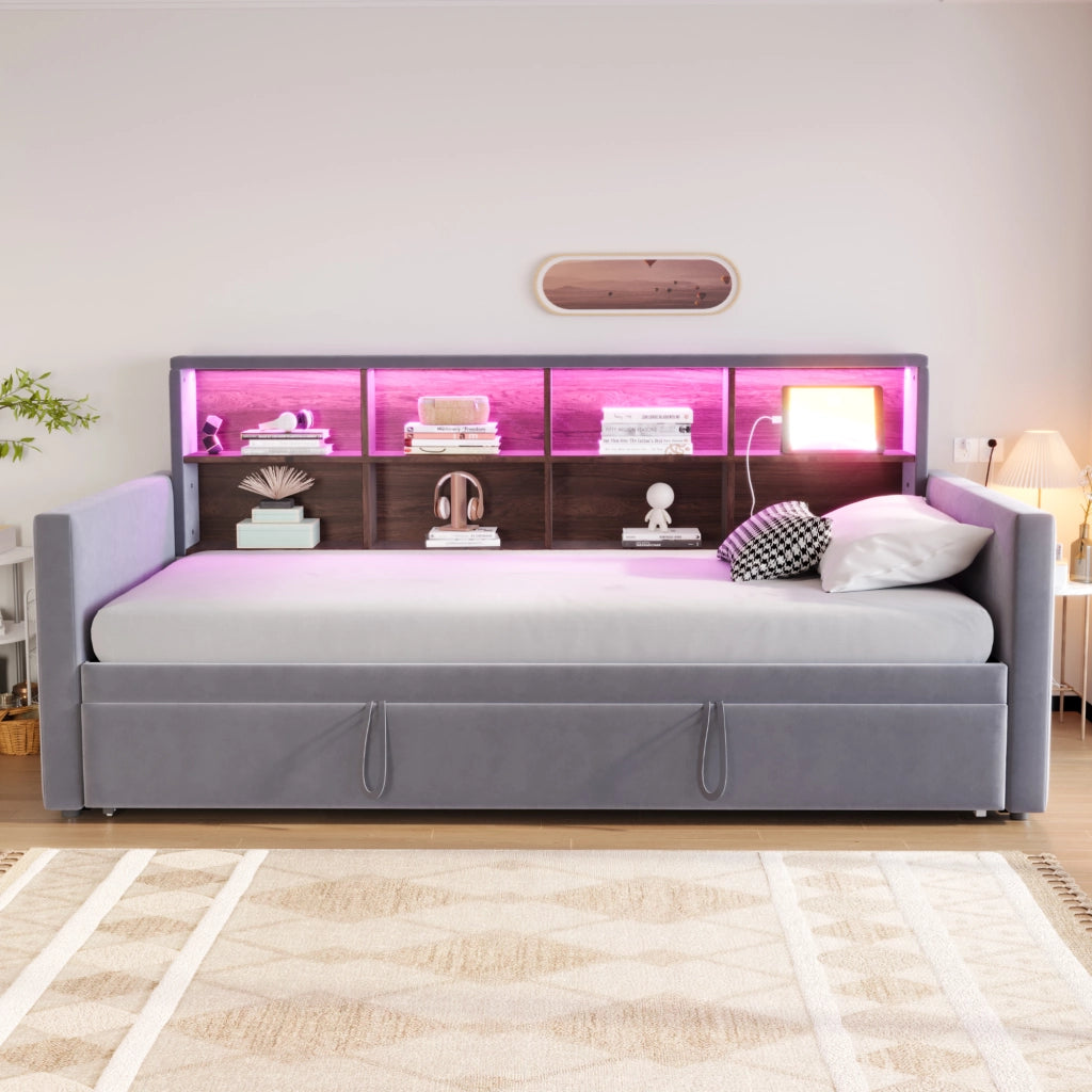 Letto Estraibile Singolo con Ripiani Testiera; LED; USB e Tipo C; 90×190 cm; senza Materasso; Grigio