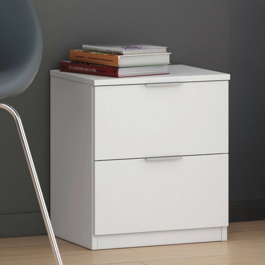 Comodino Artiglio, Comodino moderno a 2 cassetti, Tavolino da notte, ComÒ² basso per camera da letto, cm 38x34h45, Bianco