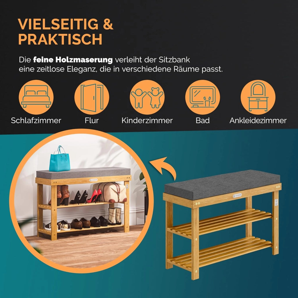 ® Scarpiera con Seduta 90x30x48cm in Legno d'Acacia Certificata FSC® Cuscino 5 cm Portascarpe Panca per Scarpe