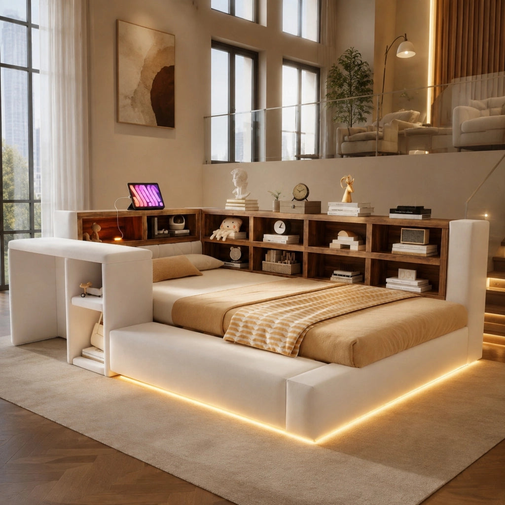 Letto imbottito 90x200 cm con contenitore; LED; prese integrate e comodino laterale; beige