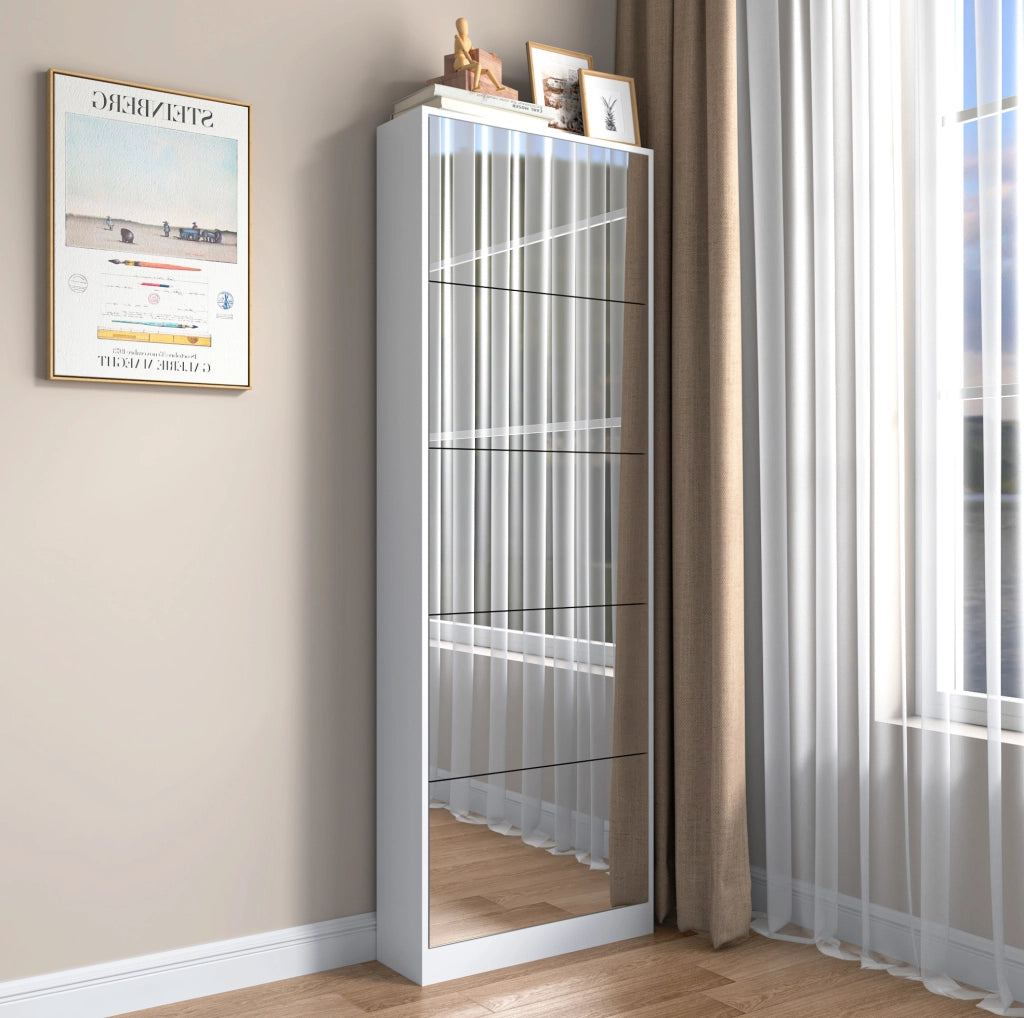 Scarpiera sottile con specchio a figura intera 185 cm in MDF bianco
