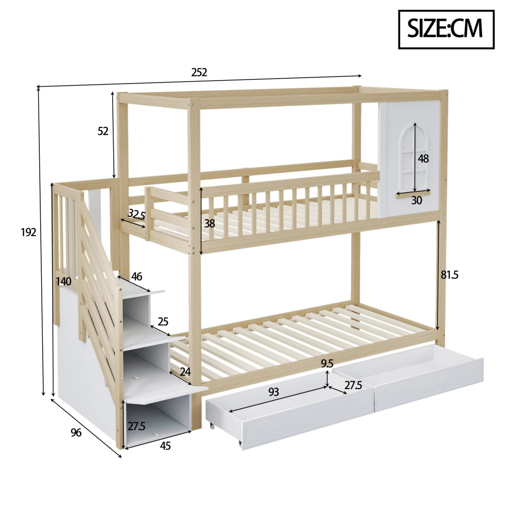 Letto a castello 90 x 200 cm in legno con cassetti e scala