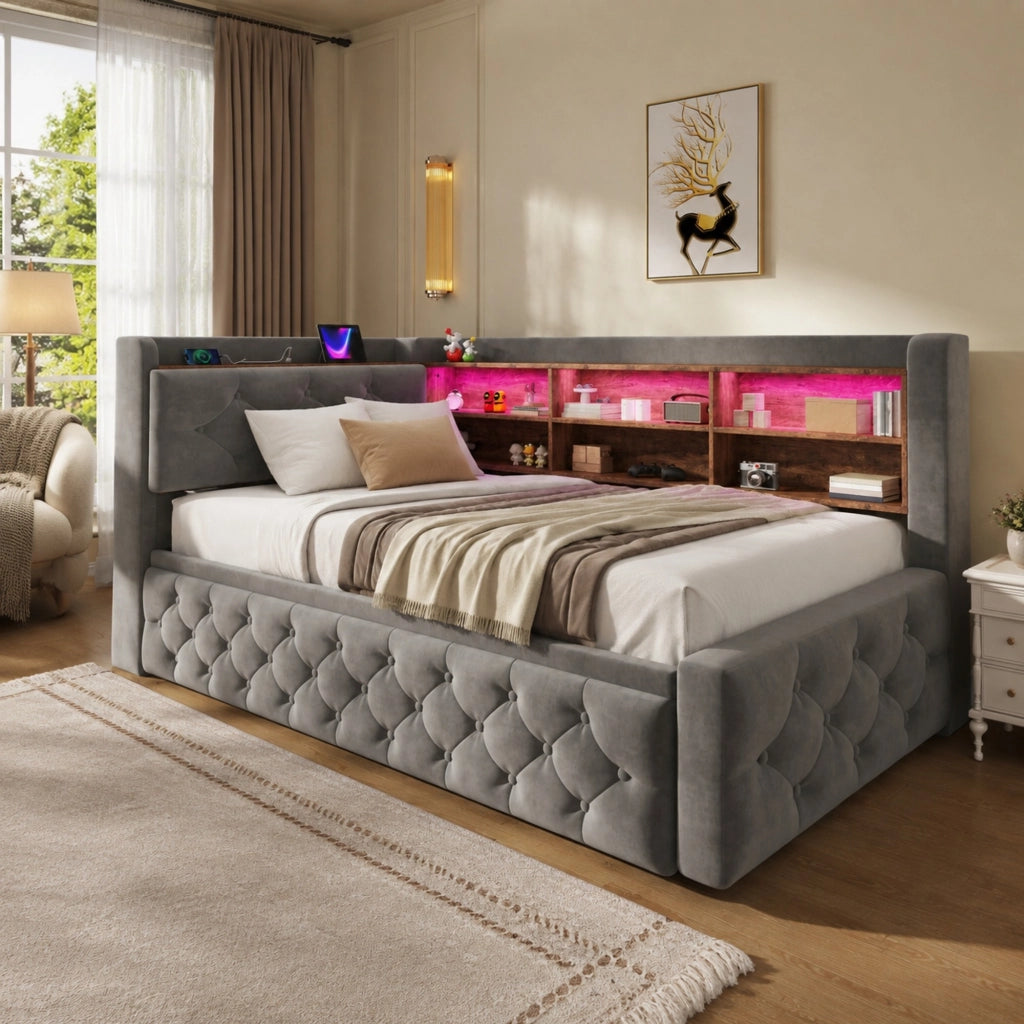 Letto a Divanetto 90x190 cm; Letto Singolo - LED; USB e Type-C - Velluto Grigio