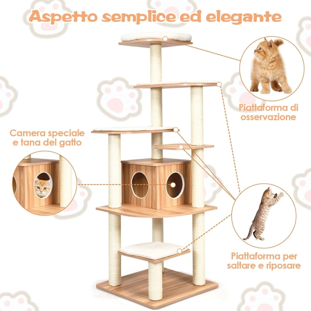 Tiragraffi per Gatti 176cm, Albero per Gatti Adulti XXL con Corda Sisal, Cuccia, Piattaforma e Cuscini, 86,5 x 86,5 x 176cm, Nero e Naturale