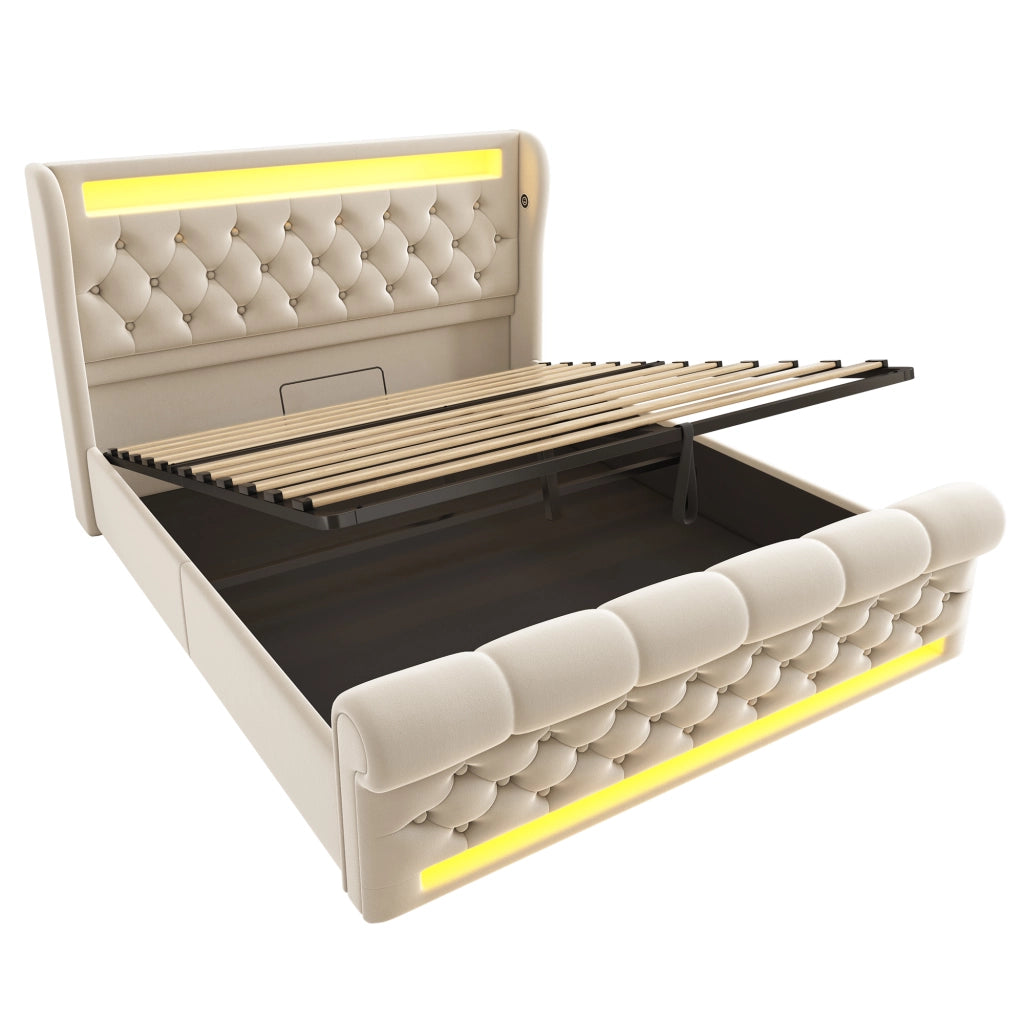 Letti contenitori 140x190 cm con LED; contenitore idraulico e USB Type C velluto beige (Senza materasso)