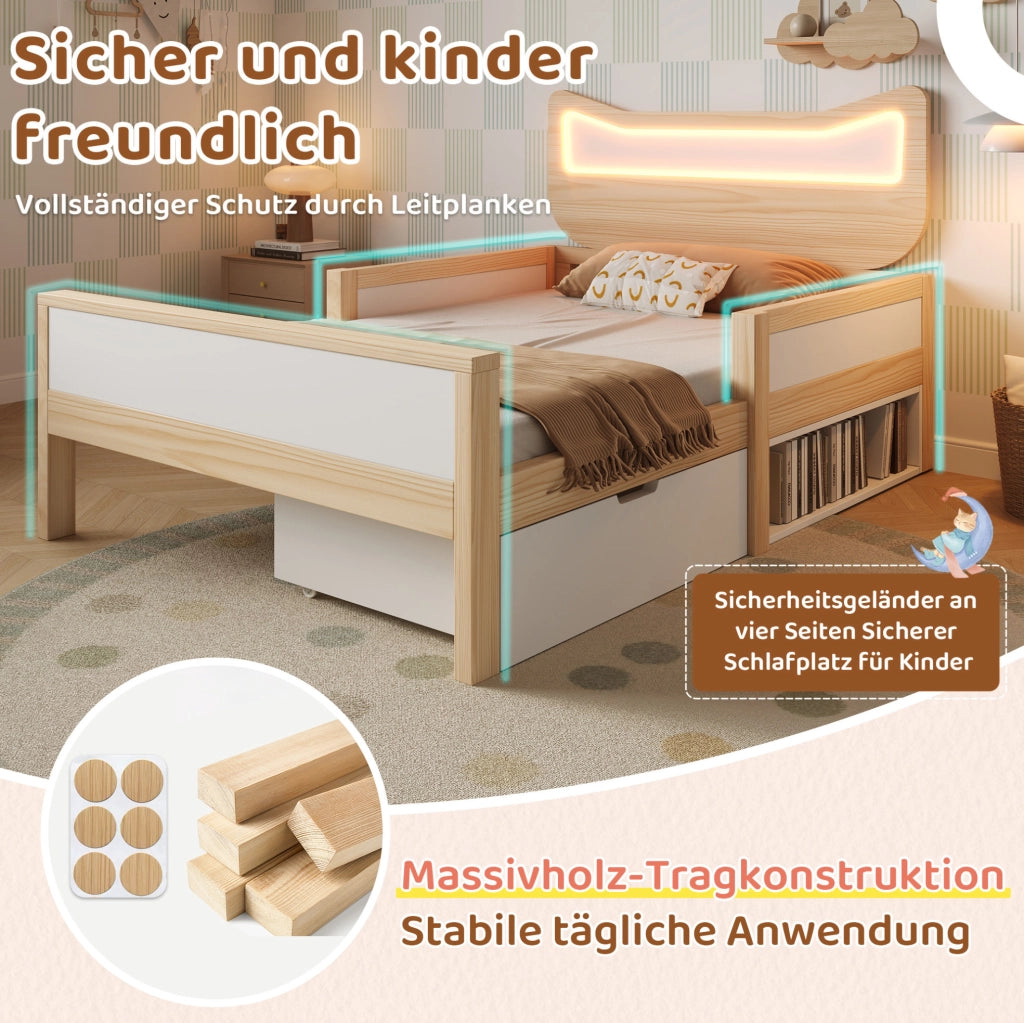 Letto per bambini 140 x 200 cm con testiera a gatto e LED RGB