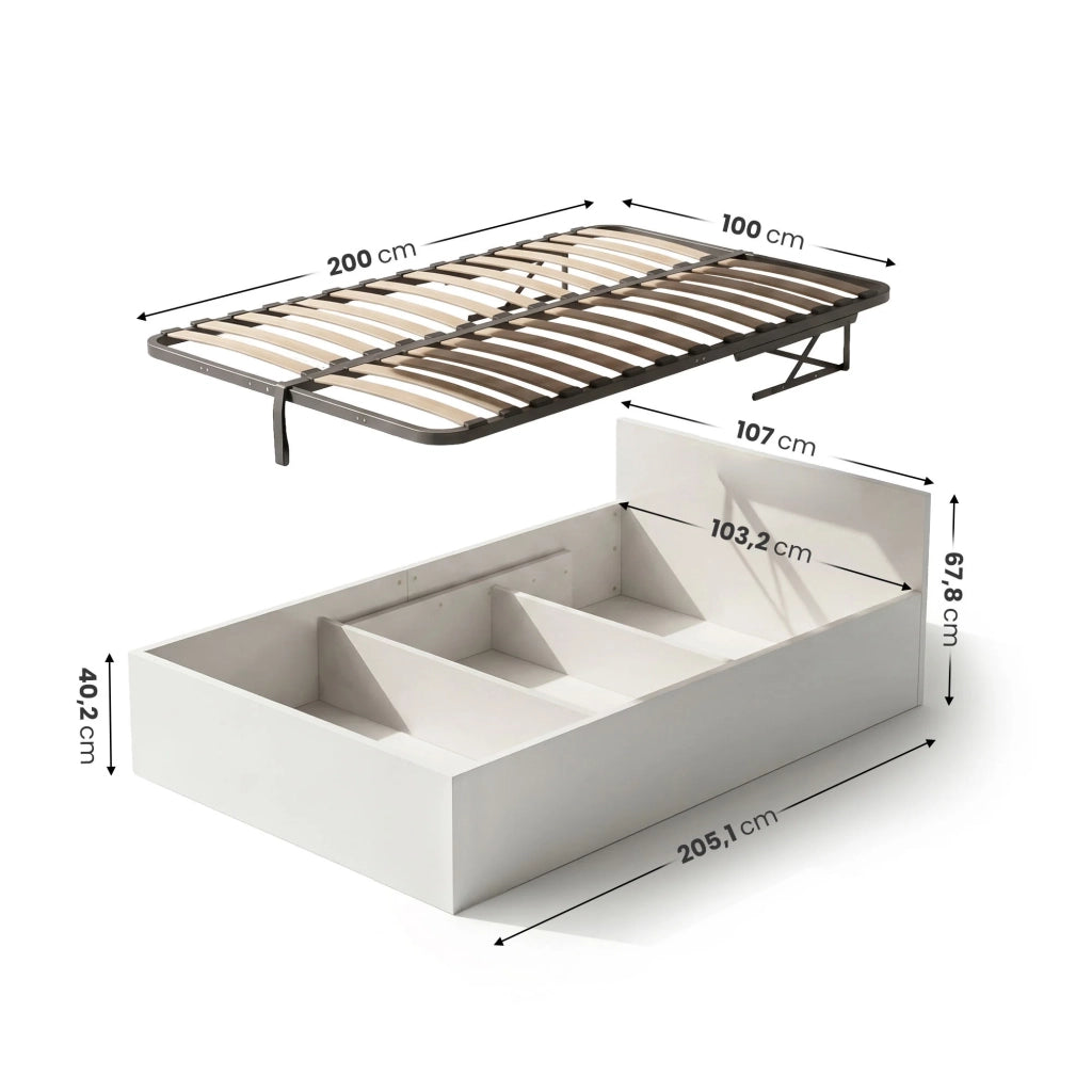Letto con contenitore 100x200 cm rete sollevabile in metallo Bianco