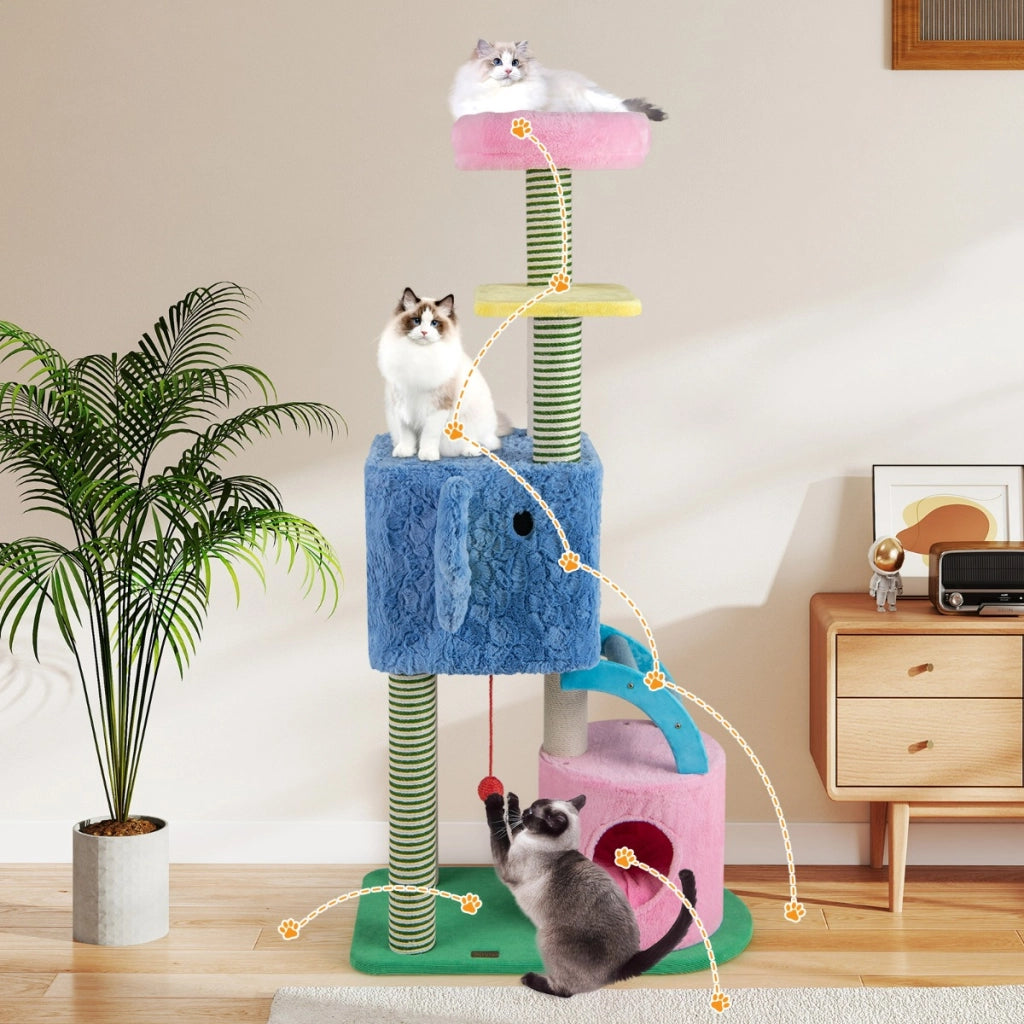Albero per gatti a tema elefante con e ripiano imbottito e pali da graffiare, Centro di attivit¨¤ per animali domestici-Alberi Tiragraffi