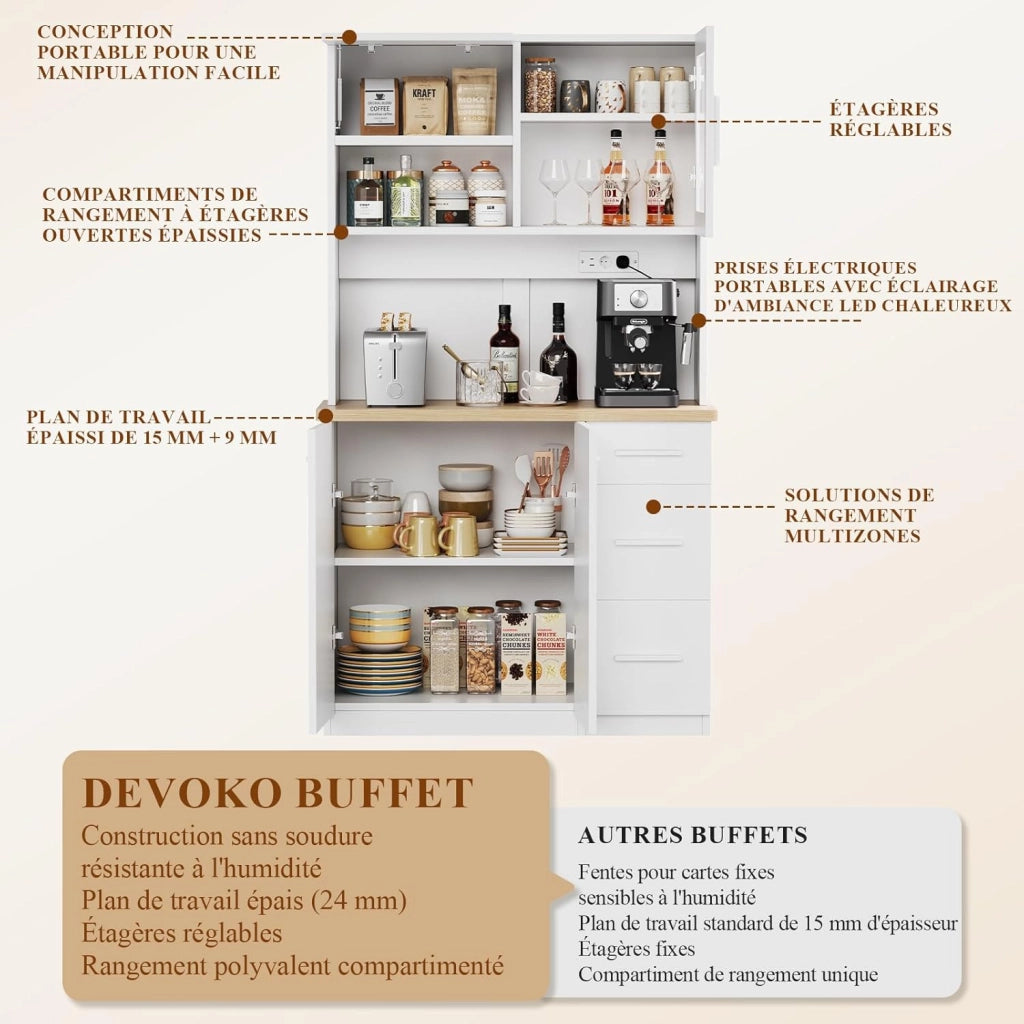 Mobile da cucina, credenza, armadio alto con prese di corrente e strisce LED 3000 K, con piano di lavoro da 24 mm, ripiani regolabili, 3 cassetti, 100 x 40 x 182 cm (Bianco)