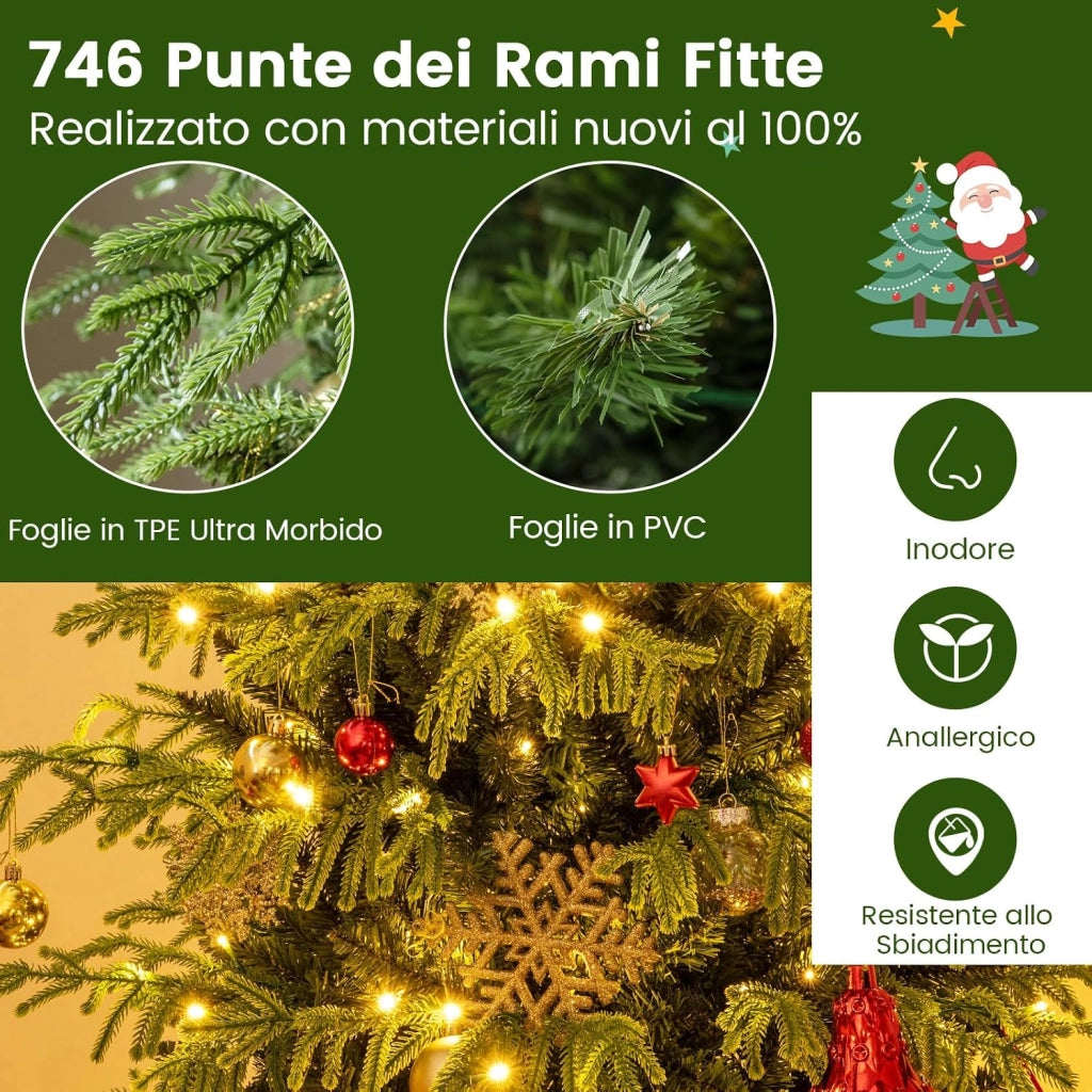 Albero di Natale 180 cm, Albero di Natale Pre-illuminato con 270 Luci LED Bianco Caldo, 746 Punte di Rami & Base in Metallo Pieghevole, Decorazione Natalizia (180 cm)