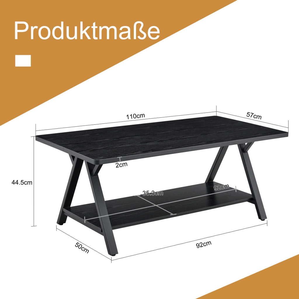 Tavolino basso con ripiano portaoggetti, effetto legno nero e struttura in metallo, per soggiorno, 110 × 57 × 44,5 cm
