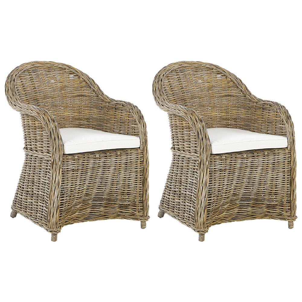 Set di 2 poltrone da giardino in rattan naturale con cuscino di seduta in cotone bianco sporco per interni ed esterni