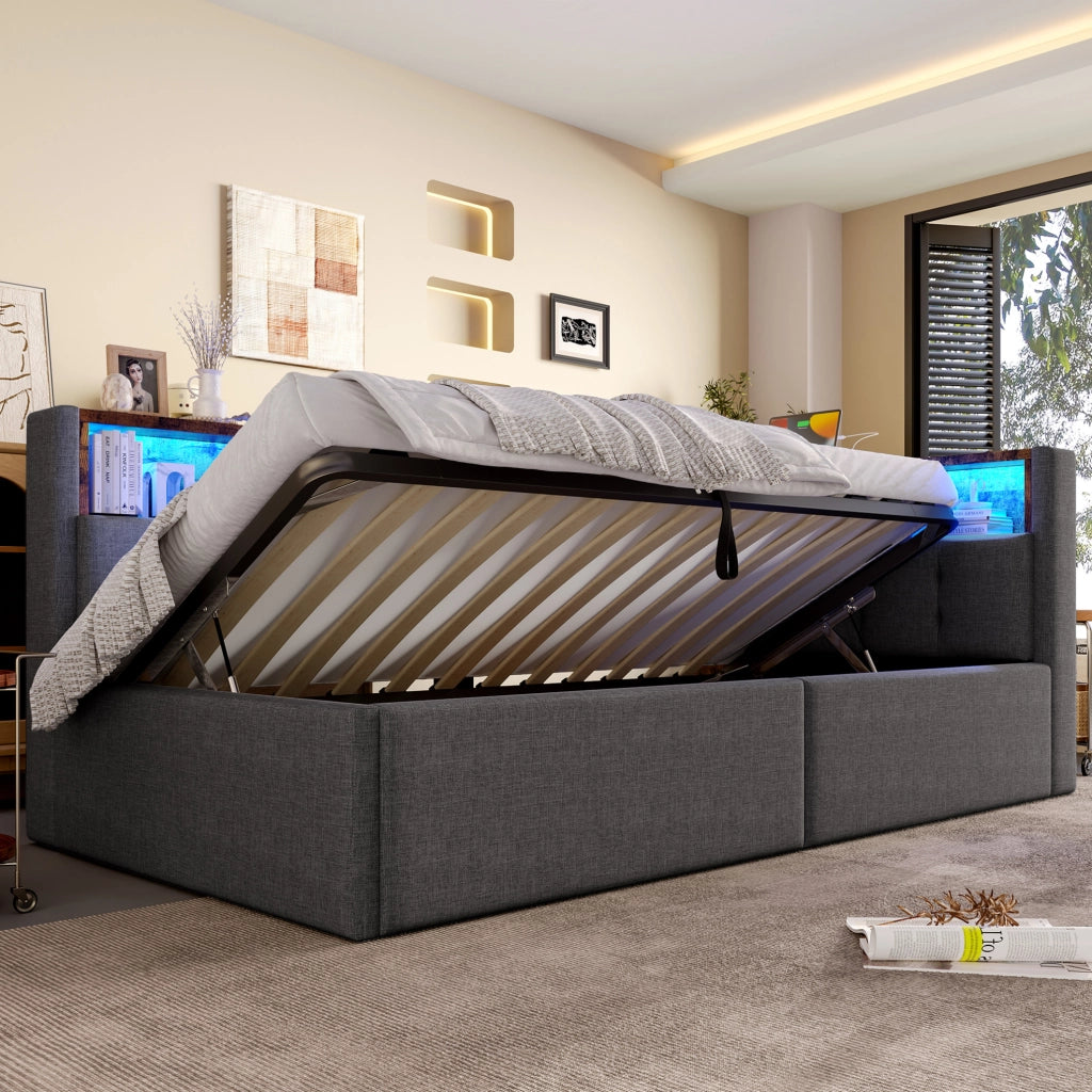 Divano letto 90x200 cm con luci LED e porte USB e Tipo C; in lino grigio