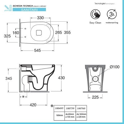 Sanitari filo muro traslati rimless Azzurra Pratica con sedile rallentato