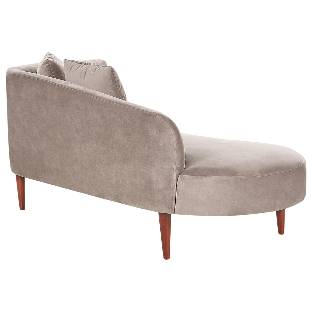Chaise Lounge in velluto tortora lato destro gambe in legno scuro design moderno