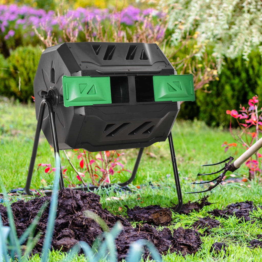 Compostiera da Giardino 2 Sezioni Rotante ¨C Zephmum ¨C Acciaio e PP, 71x65x96 cm, Nero