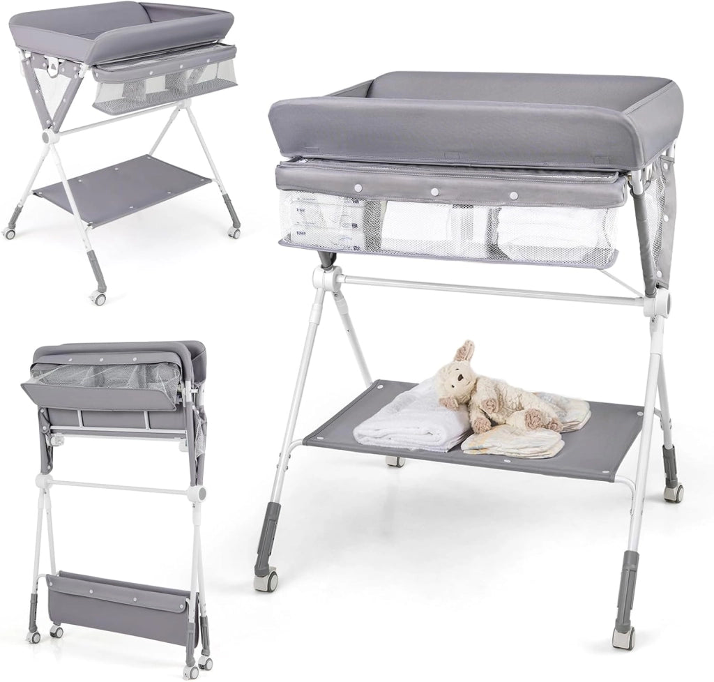 Fasciatoio Pieghevole per Bambini, Fasciatoio Portatile con Altezza Regolabile a 3 Livelli, Fasciatoio Neonato con Ruote di Bloccabili, Ripiano, Porta Asciugamani, per 0-12 Mesi (Beige)