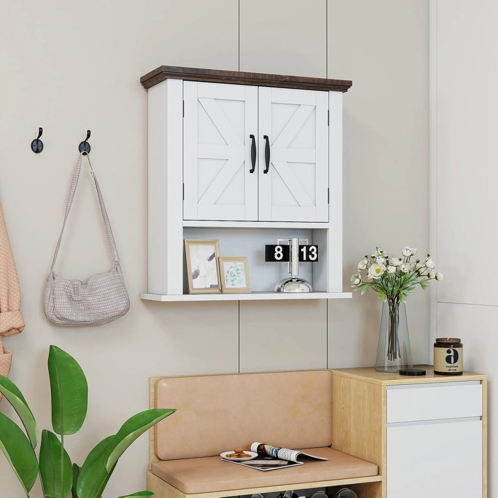 Mobile da Parete per Bagno, Mobiletto Bagno a Muro in Stile Rustico con Ripiano Regolabile e Scomparto Aperto, Armadietto per Soggiorno, Cucina e Ingresso, 55 x 19 x 60 cm (Bianco)