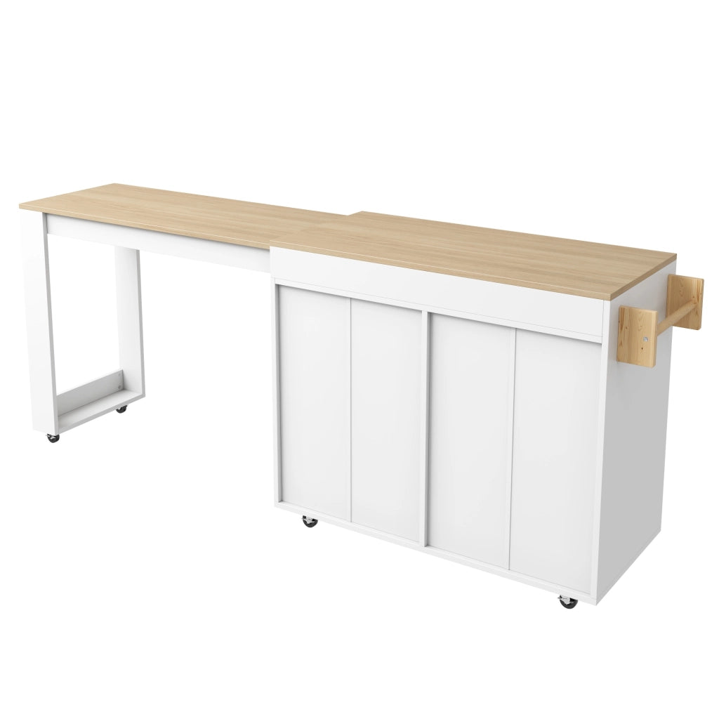 Carrello da cucina con piano estraibile, 2 cassetti, 2 ante in vetro, per cucina, in MDF bianco, 132,5-217 × 50 × 93 cm