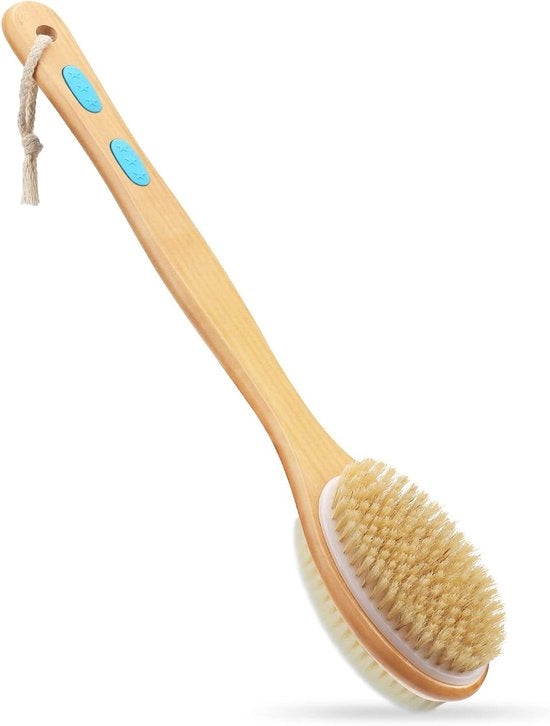 Scrubbratore per la schiena con testa a spazzola a doppia faccia con setole morbide e rigide per spazzolare in umido o in secco per la rimozione della cellulite e la drenaggio linfatico