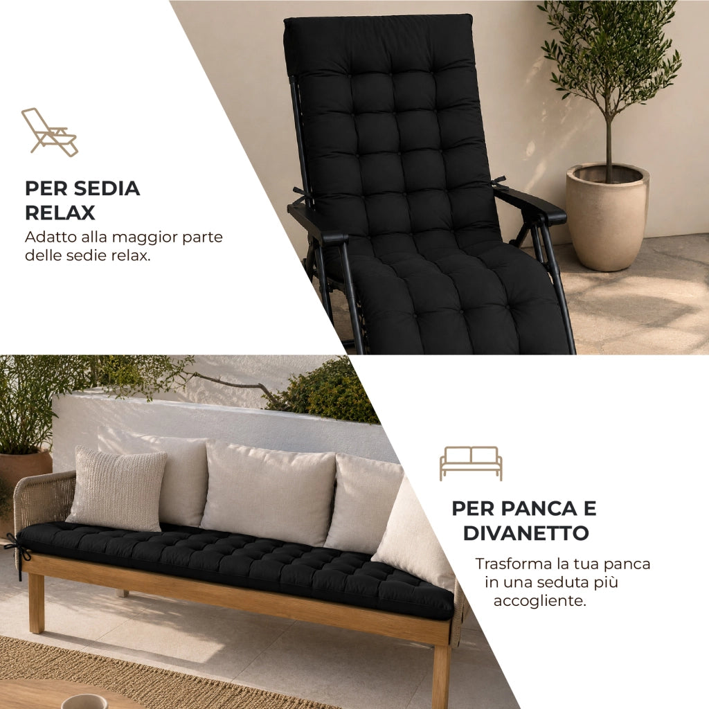 Cuscino Imbottito Universale per Sedia Relax Zero Gravity e Sdraio 155x55 cm con Laccetti di Fissaggio Nero
