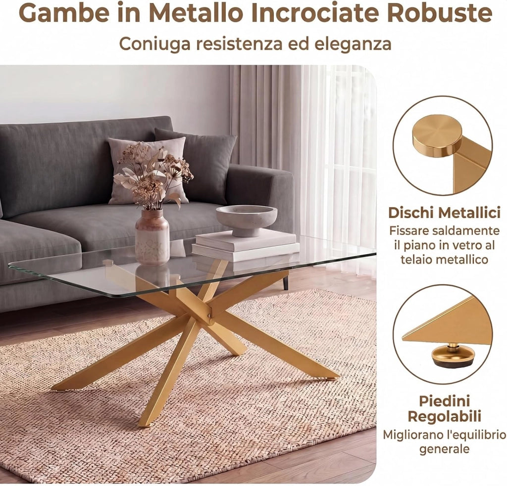 Tavolino da Salotto con Piano in Vetro Temperato, Gambe Incrociate e Piedini Regolabili, Tavolo Basso in Stile Industriale per Soggiorno, Camera da Letto, Ufficio, 120 X 60 X 45,5 CM (Dorato)