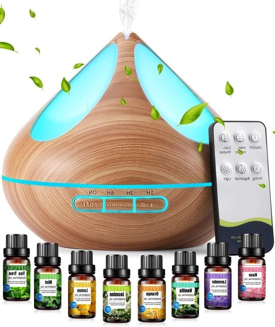 Set di Diffusore di Aromaterapia con 8 Oli Essenziali - Diffusore Ultrasuono Umidificatore - 2 Modalità di Nebulizzazione - Illuminazione a LED - 4 Timer per Grande Camera - 500 ML
