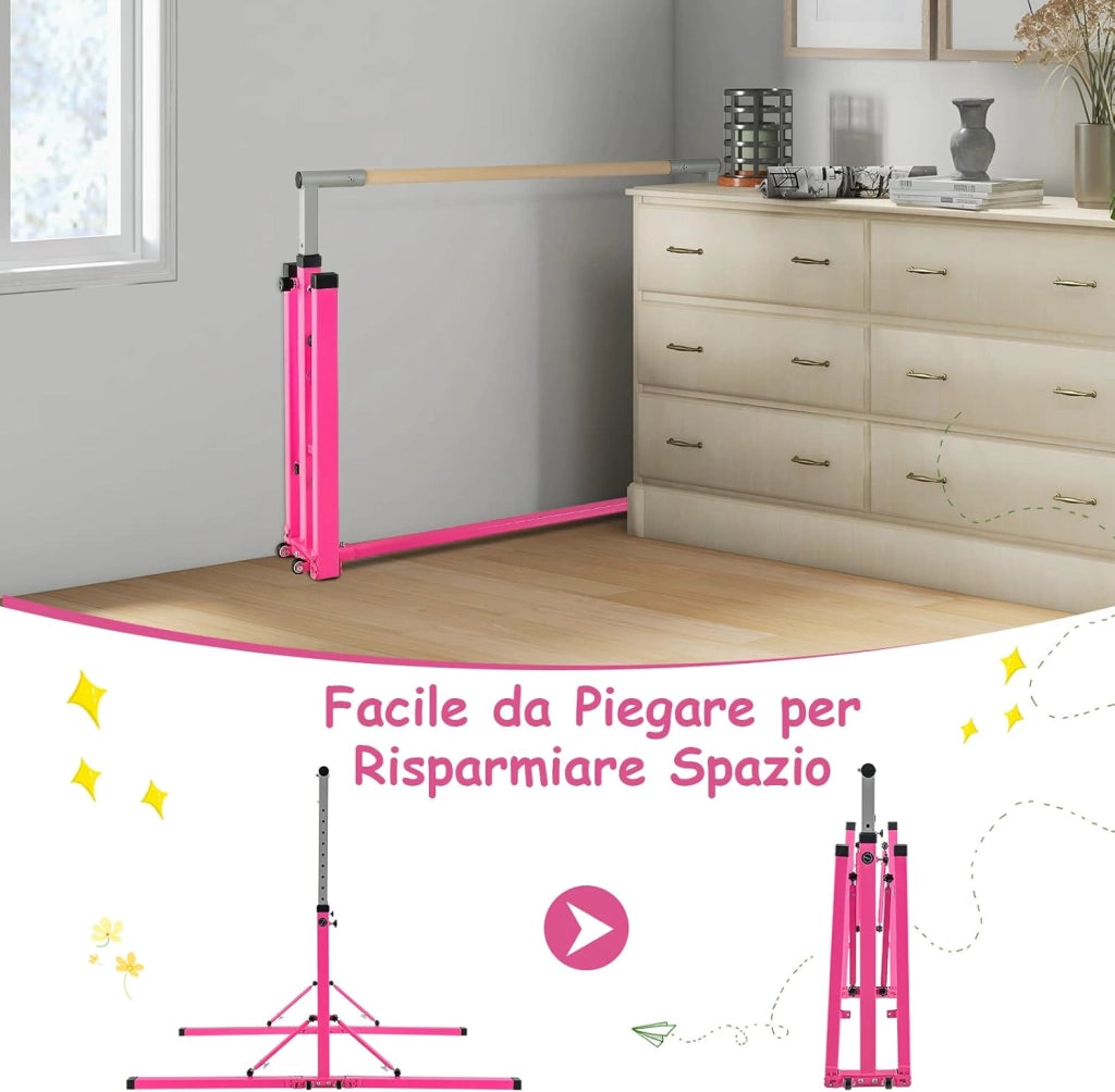 Barra per Ginnastica e Danza per Bambini e Bambine Pieghevole e Portatile, Sbarra Parallela in Metallo e Legno con 13 Altezze Regolabili, Ruote e Cuscinetti Antiscivolo, Portata 100 kg