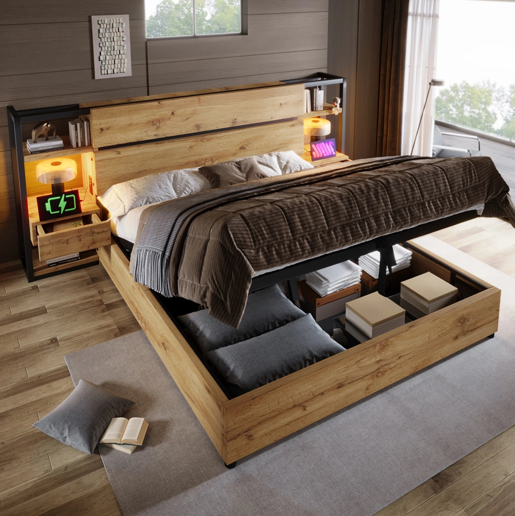 Letto matrimoniale 180x200 cm con contenitore e USB Type-C; struttura in MDF e metallo; rovere
