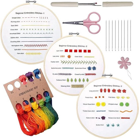 Set di prova per il bordato a tre pezzi – Apprendi 30 diverse tecniche di punti – Materiale per la pratica della maglia a mano per hobby e principianti
