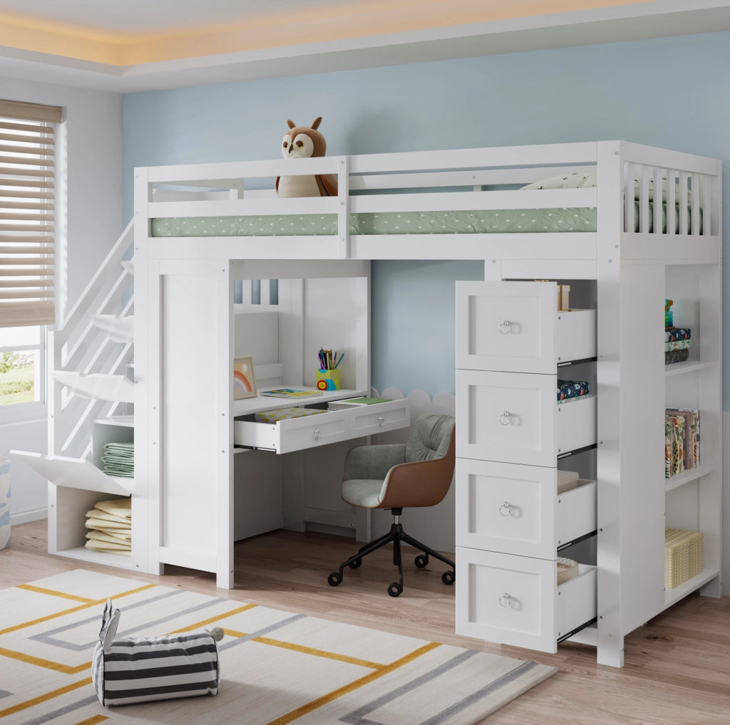 Letto a soppalco per bambini 90x200 cm bianco con scrivania