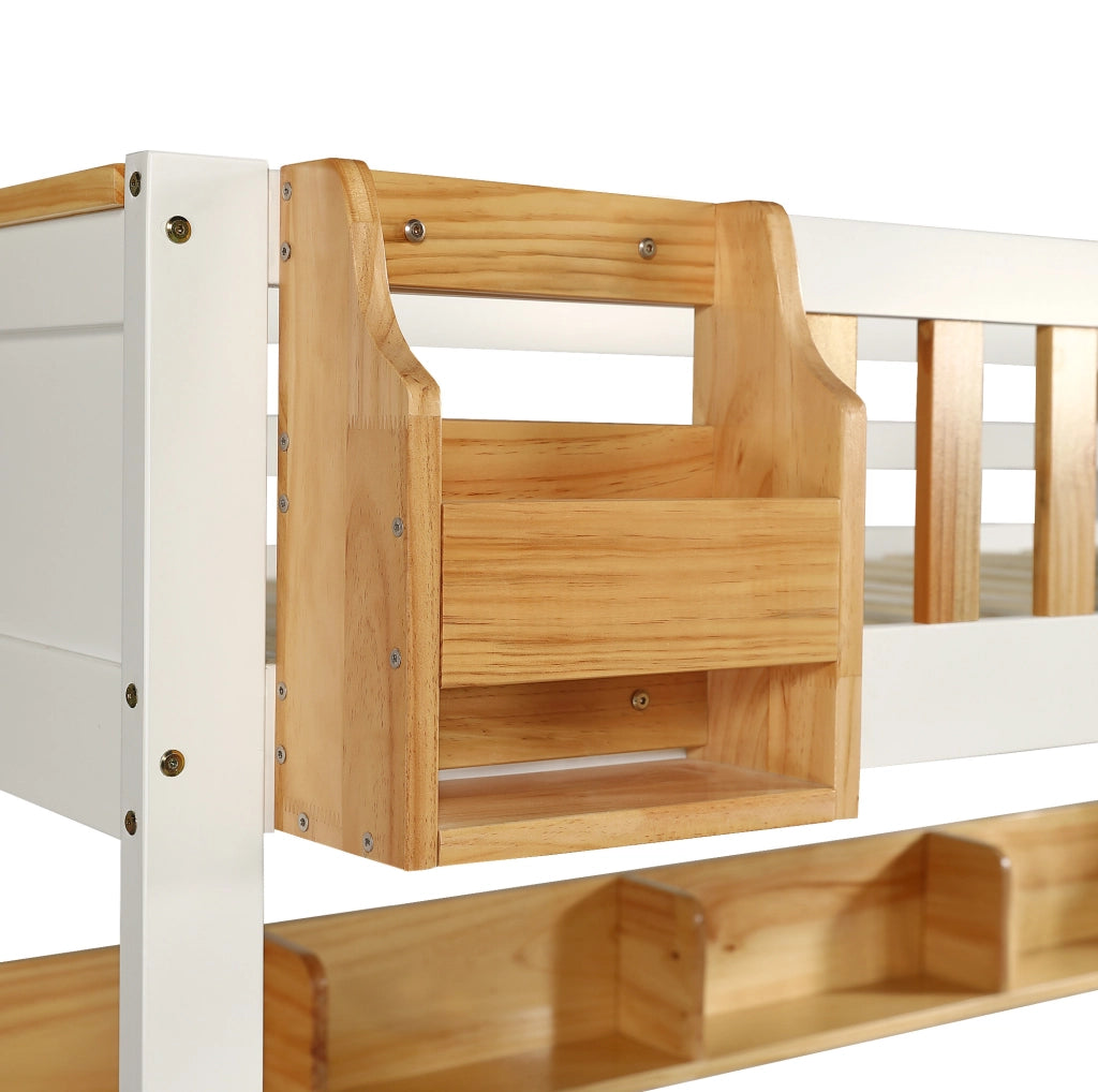 Letto a castello 90x200 cm con scala contenitore, 2 cassetti e ripiani