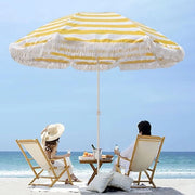 Parasole da spiaggia in stoffa a strisce gialle e bianche, 160 cm, con frange, regolabile in altezza e inclinabile, UPF 50.