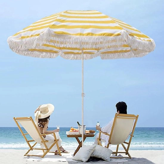 Parasole da spiaggia in stoffa a strisce gialle e bianche, 160 cm, con frange, regolabile in altezza e inclinabile, UPF 50.