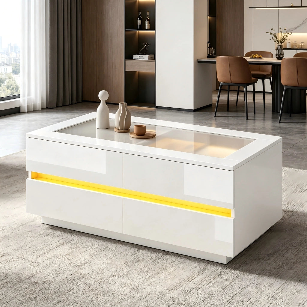 Tavolino da caffè con 4 cassetti e LED per soggiorno in truciolare e vetro 100×50×40 cm bianco