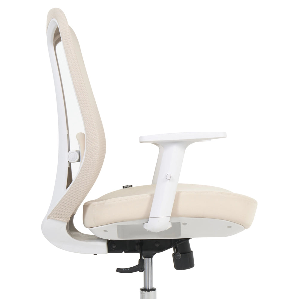 Sedia da ufficio in tessuto a rete beige con supporto lombare, braccioli regolabili e sedile scorrevole