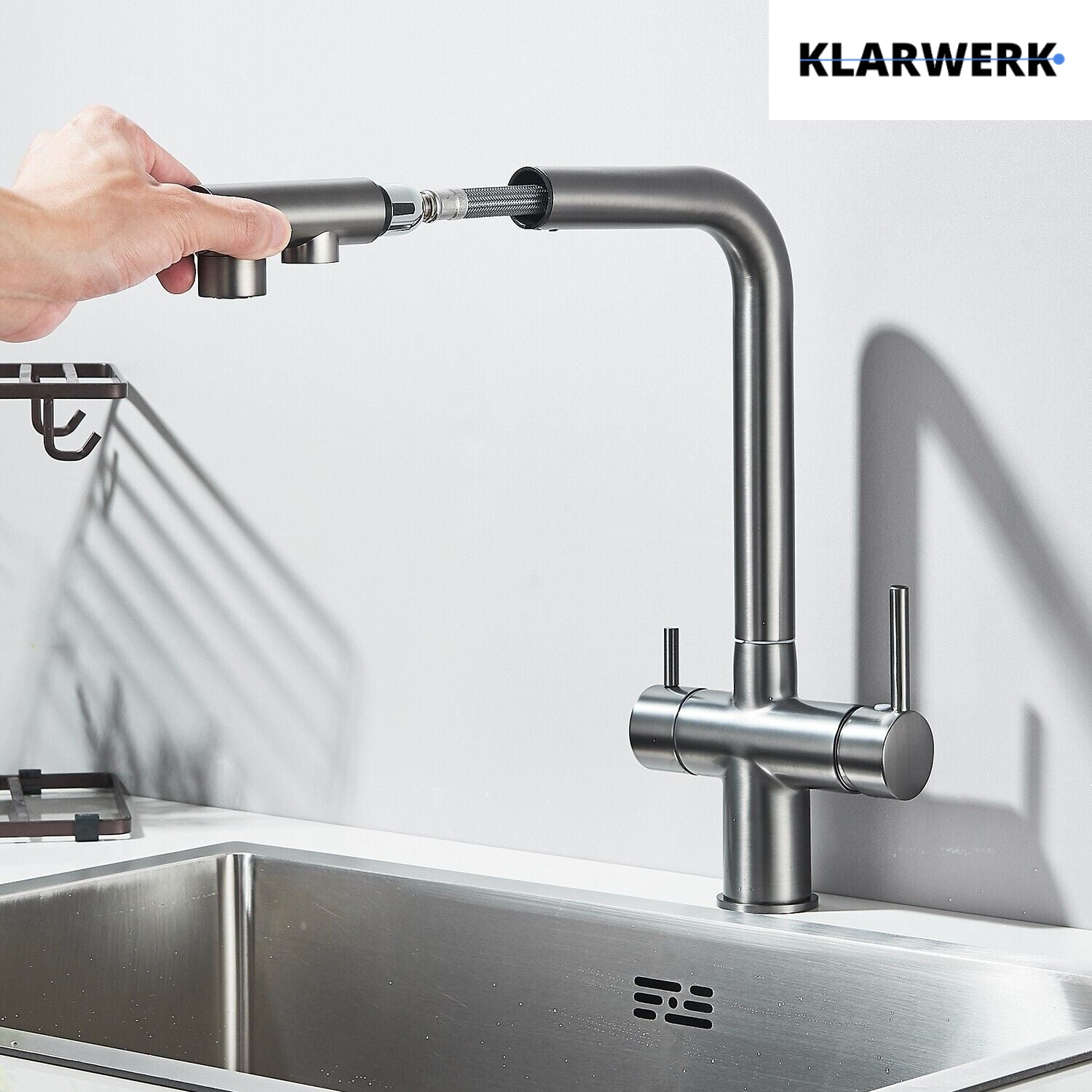 Felix | miscelatore estraibile 3 vie premium grigio titanio opaco | rubinetto da cucina a osmosi in acciaio inox| 360 gradi rotabile filtro 3 attacchi