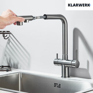 Felix | miscelatore estraibile 3 vie premium grigio titanio opaco | rubinetto da cucina a osmosi in acciaio inox| 360 gradi rotabile filtro 3 attacchi