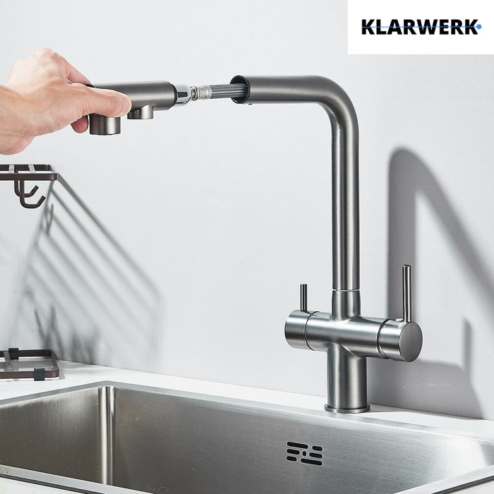 Felix | miscelatore estraibile 3 vie premium grigio titanio opaco | rubinetto da cucina a osmosi in acciaio inox| 360 gradi rotabile filtro 3 attacchi