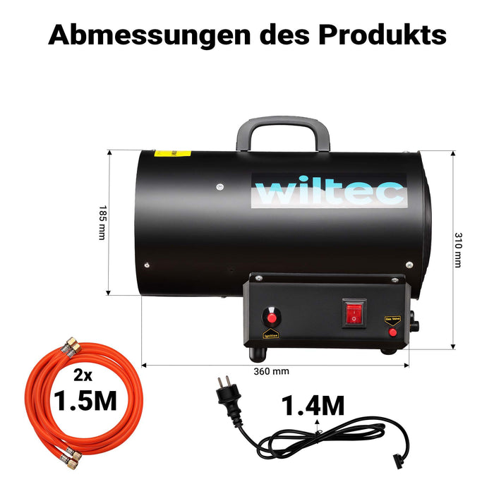 Generatore di calore a gas GPL, 15 kW 30 W 320m³/ora, cannone aria calda con avviamento piezoelettrico, incluso riduttore di pressione del gas per Regno Unito 700 mbar con tubo da 1,5 m