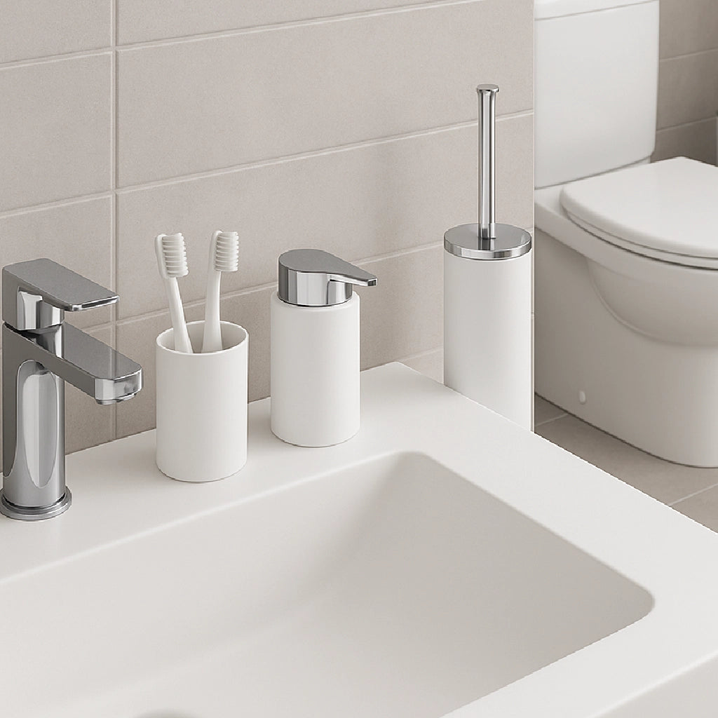kit Accessori Bagno 3 pezzi Plastica Abs Bianco Silver Design Moderno Resistente