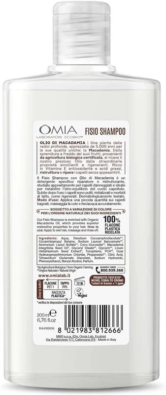 OMIA FISIO SHAMPOO ECO BIO CON OLIO DI MACADAMIA PER CAPELLI DANNEGGIATI RIPARATORE E RISTRUTTURANTE DA 200 ML