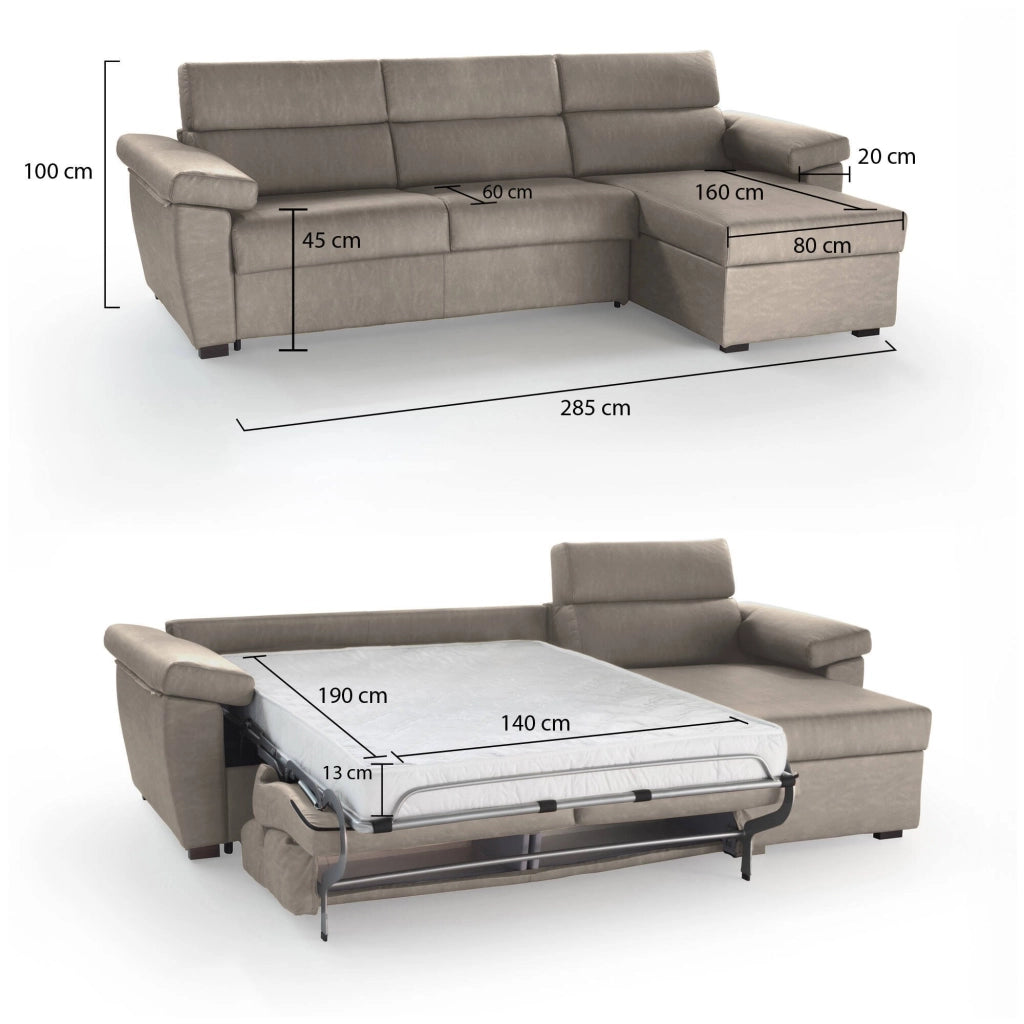 Priverno, Divano Letto con Penisola Sfoderabile Made in Italy, 285x160 cm Grigio Tortora
