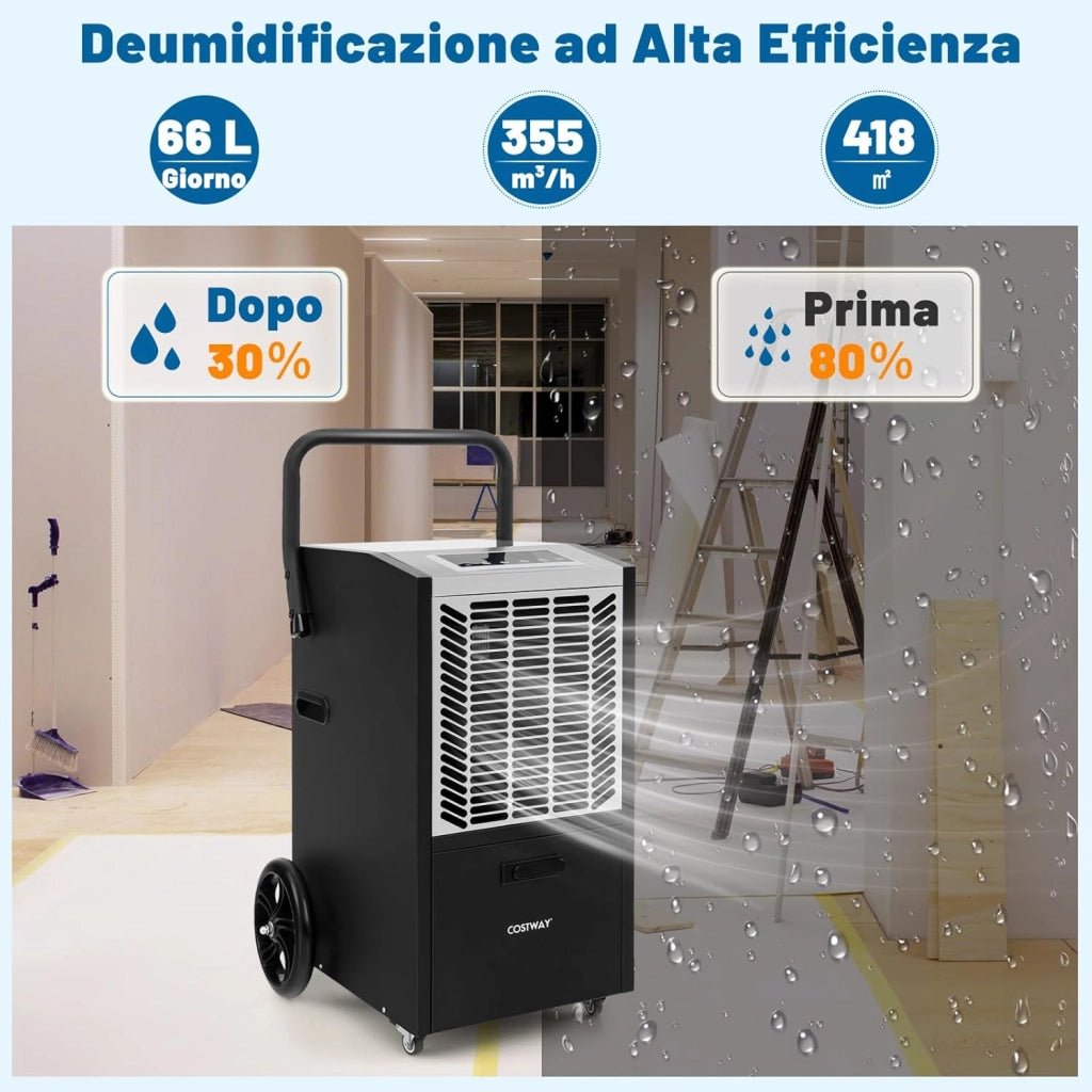66 L Deumidificatore Commerciale, Deumidificatore con Pompa e Tubo di Drenaggio, Deumidificatore Industriale con Timer 24H e 4 Ruote per Cantina Magazzino (Bianco)