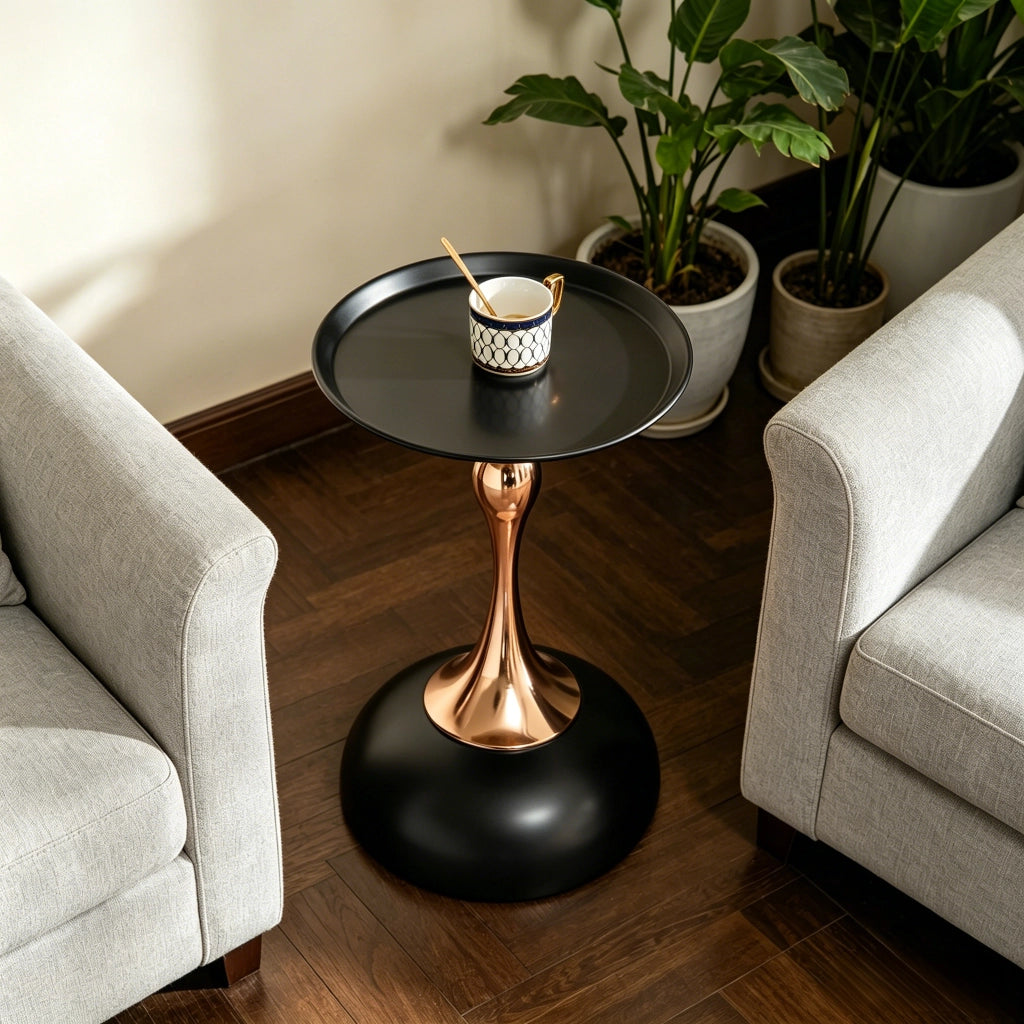 TAVOLINO Laterale Rotondo 38 cm in Acciaio al Carbonio Nero e Oro