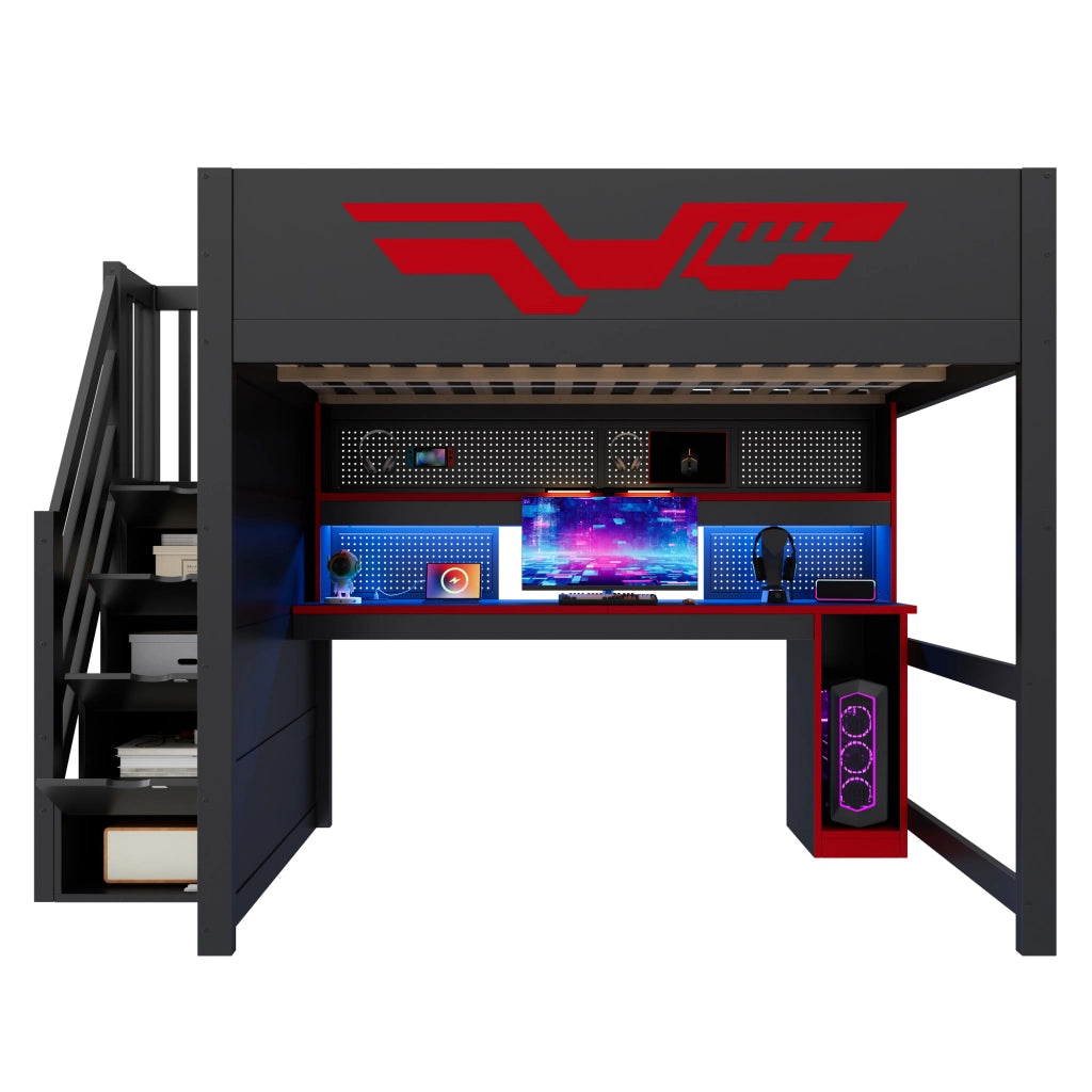 Letto a Soppalco 140x200 cm con Scrivania; LED; USB e Mensola in MDF e Plywood