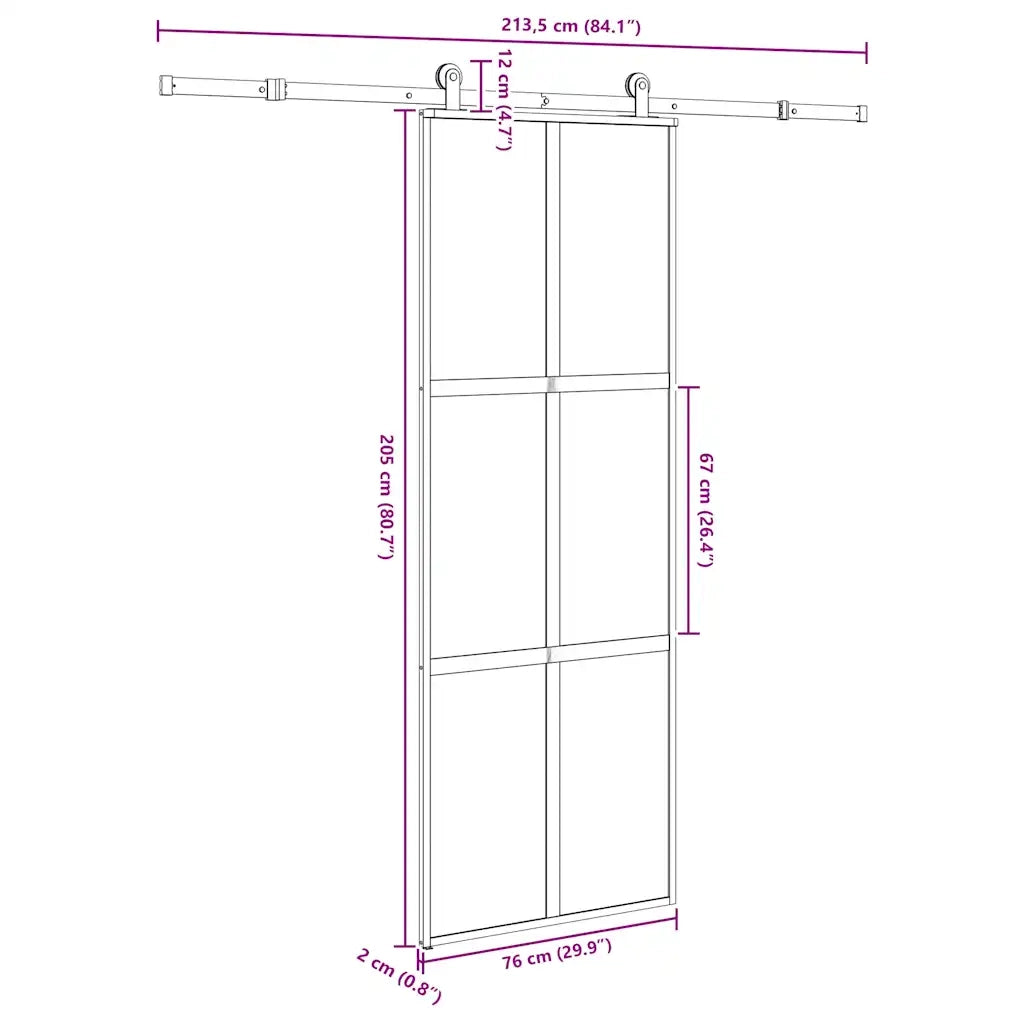Porta Scorrevole Ferramenta 76x205 cm Vetro Temperato Alluminio 3332974