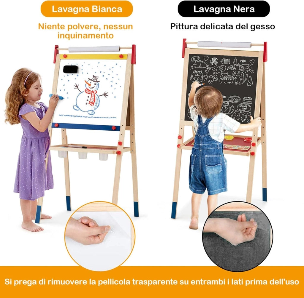 Cavalletto per Bambini 3 in 1, Lavagna Bifacciale, Cavalletto per Disegnare, con Rotolo di Carta, Lavagna Bianca Magnetica, Accessori Completi, in Legno (60x55x(112,5-124,5) cm)